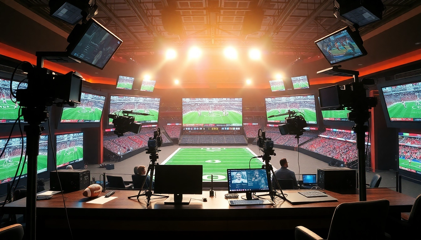 Engaging live sports broadcasting studio featuring hosts and advanced equipment.
