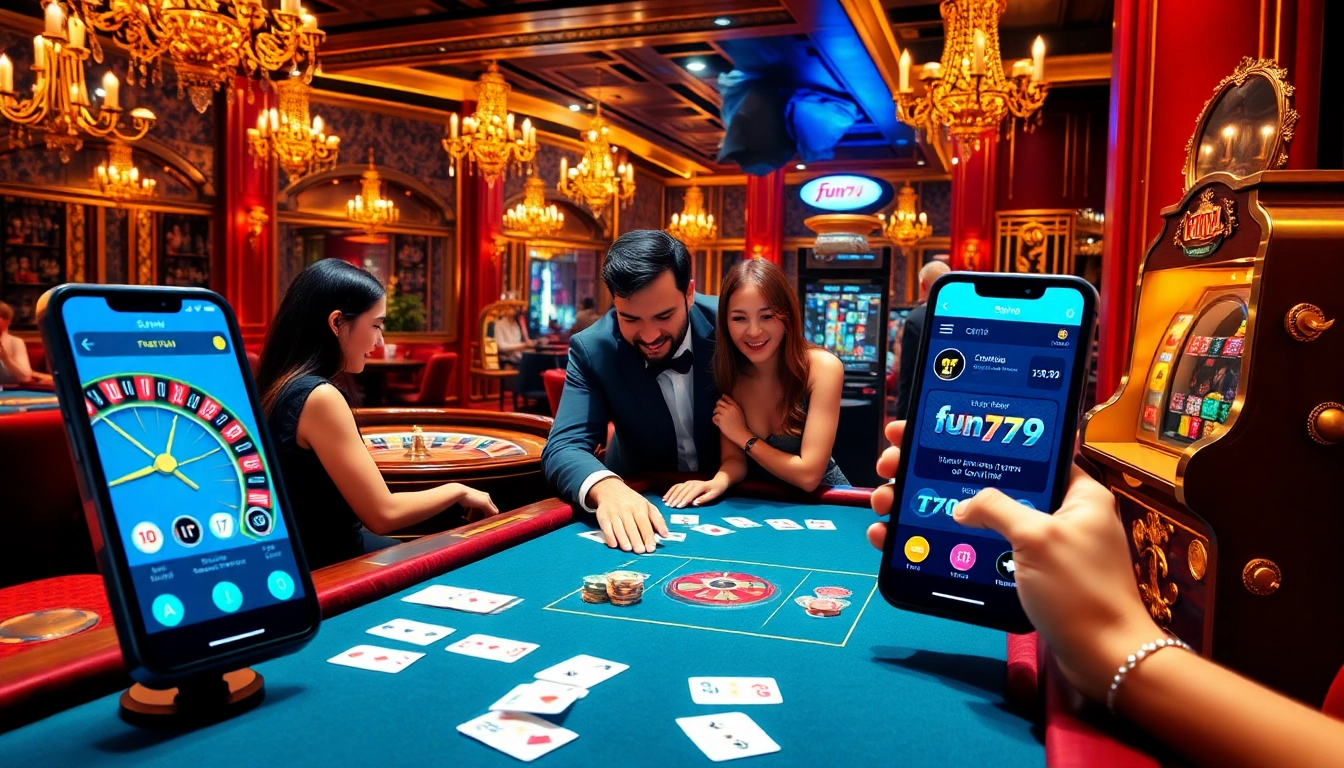 The fun79 app enhances excitement at a casino, featuring players at a poker table, roulette wheel, and slot machines.