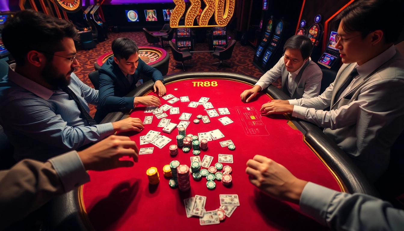 Engaging players enjoying the tr88 game at a luxurious casino table with cards and chips.