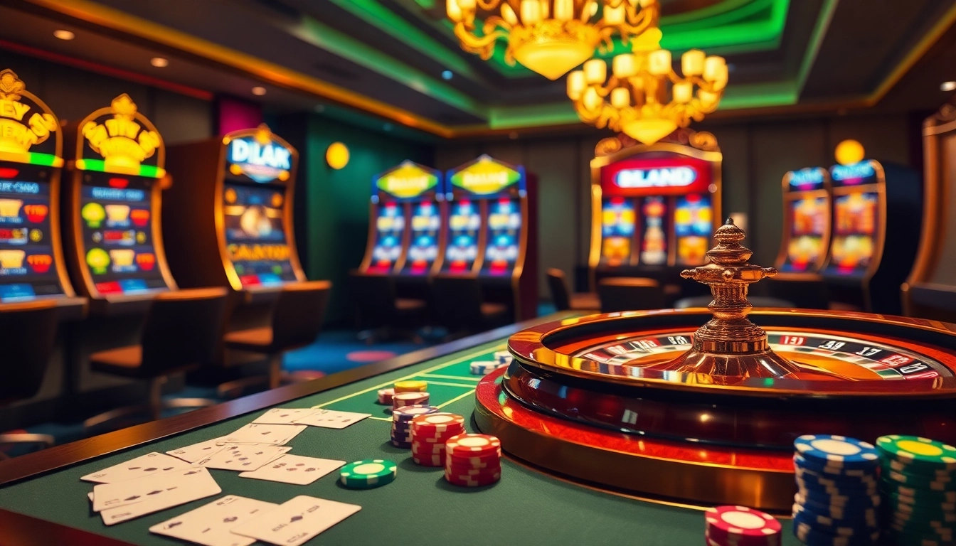 Exciting online gambling scene at MV88 com with vibrant casino tables and glowing slot machines.