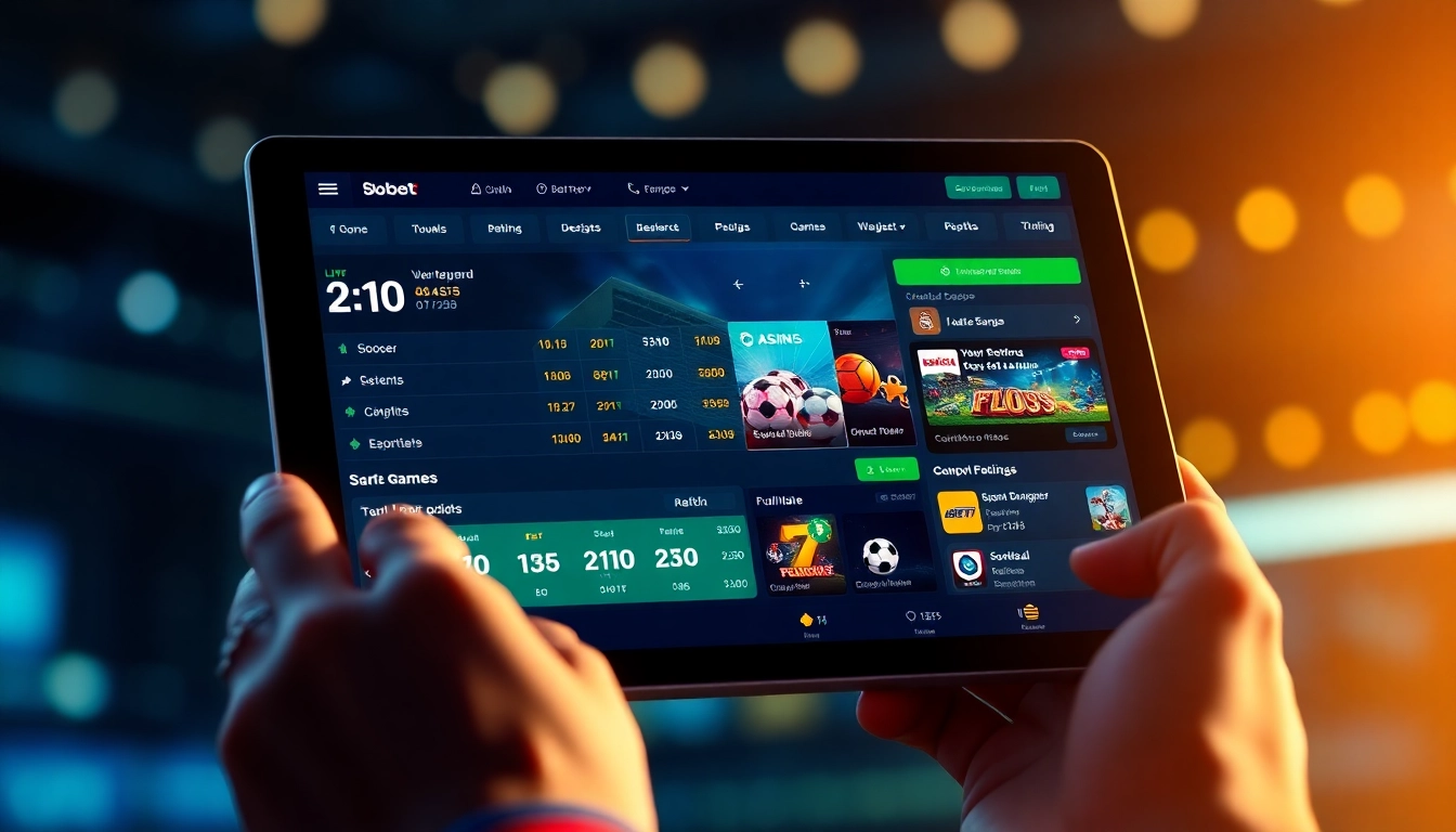 SBOBET.dance interface showcasing live sports betting and casino games on a digital tablet in a modern setting.