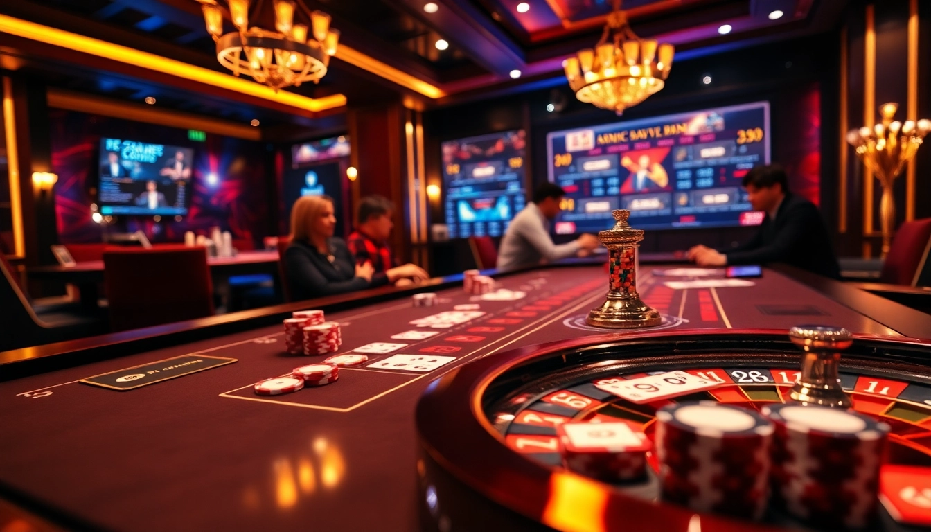S8 players strategizing at a luxurious casino gaming table with poker chips and vibrant roulette wheel.