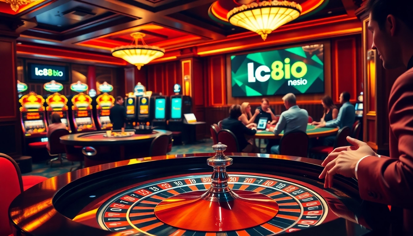 Engage in thrilling casino gameplay at LC88 bio's dazzling roulette table with vibrant players.