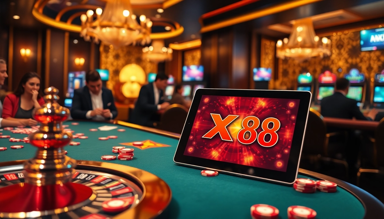 Players enjoying the thrills of XX 88 at luxurious casino tables filled with chips and excitement.