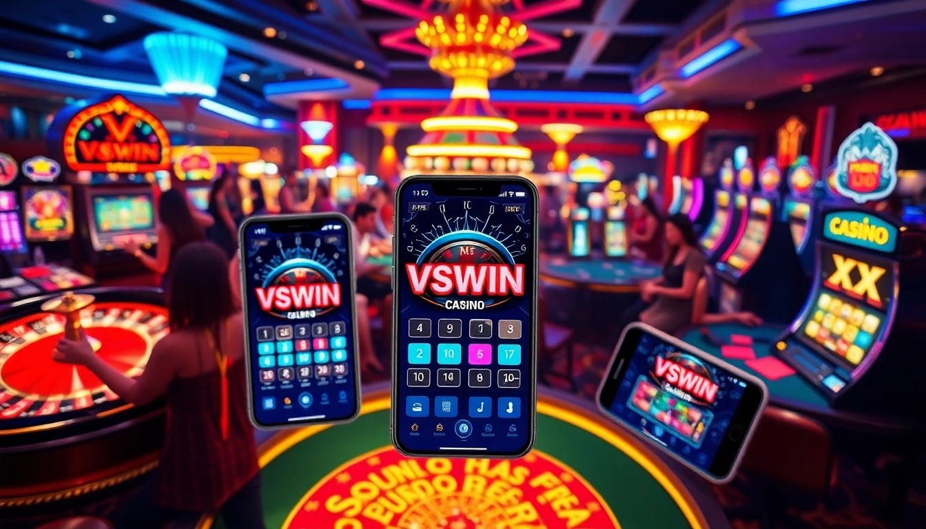 Gamblers enjoying the vibrant VSWIN app amidst a lively casino atmosphere.