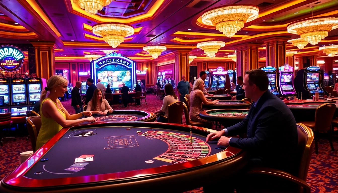 Exciting casino gaming scene at c54.gb.net with players at poker and roulette tables.