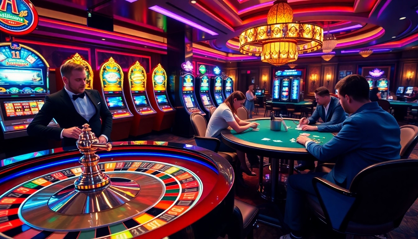 Engage with the excitement at 79king casino, featuring a roulette table, poker players, and dynamic slot machines.