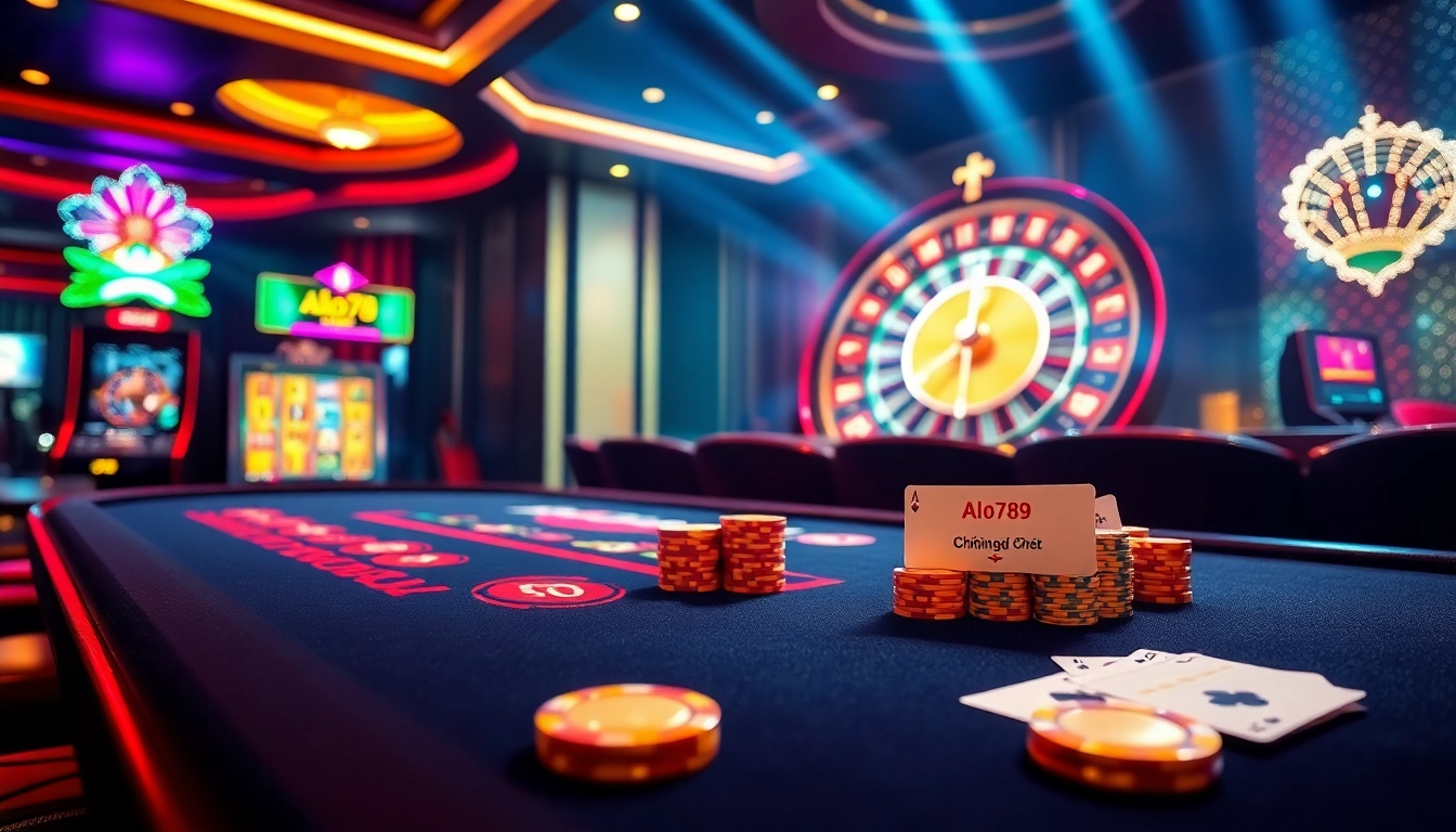 A thrilling poker scene highlighting alo789 chính chủ with colorful chips and an active roulette wheel.