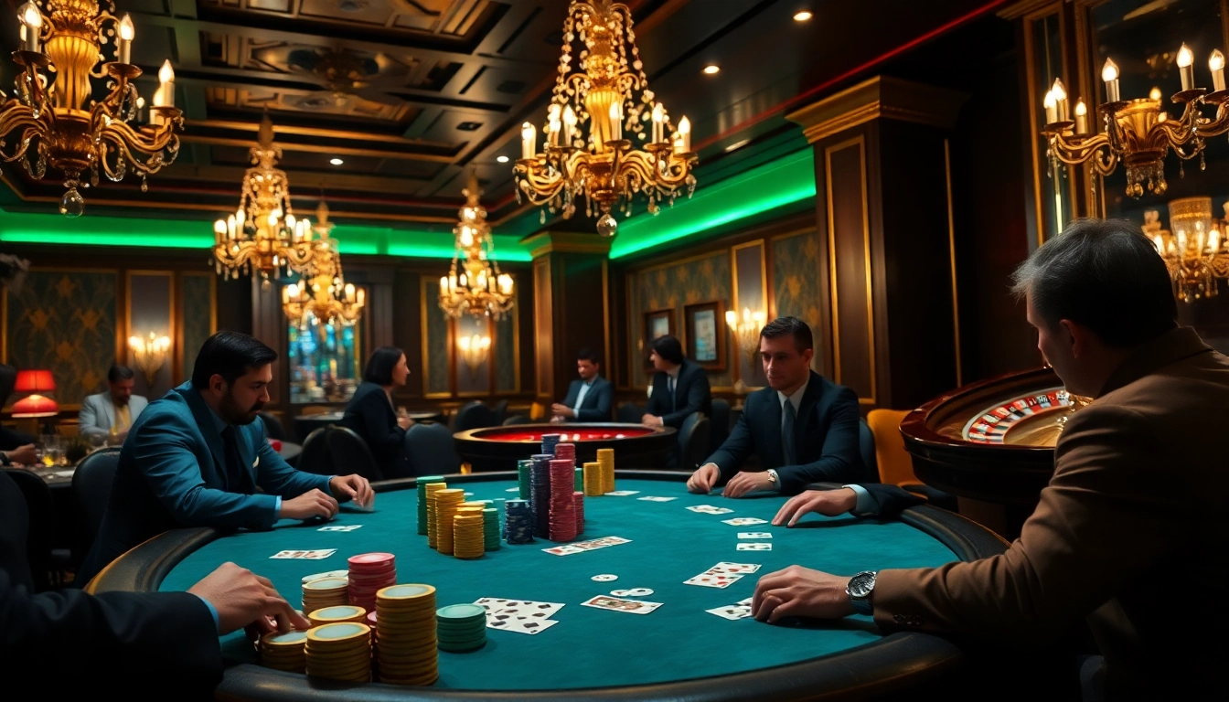 High-stakes poker gameplay at a luxurious casino featuring F168 55 chips and elegant ambiance.