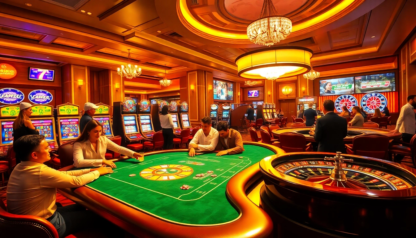 Players strategize on a poker table at s8 casino, illuminated by vibrant slot machines.