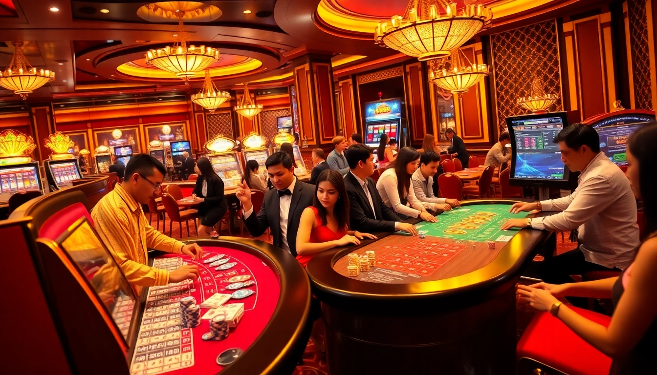 Exciting scene at 789club casino featuring engaged players at poker tables and vibrant slot machines.