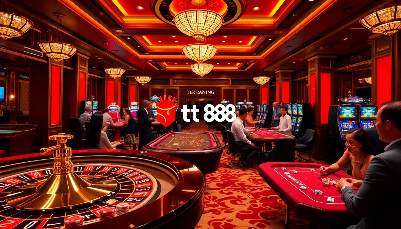 Exciting gaming atmosphere at a casino with tt 88 logo, featuring roulette and slots.
