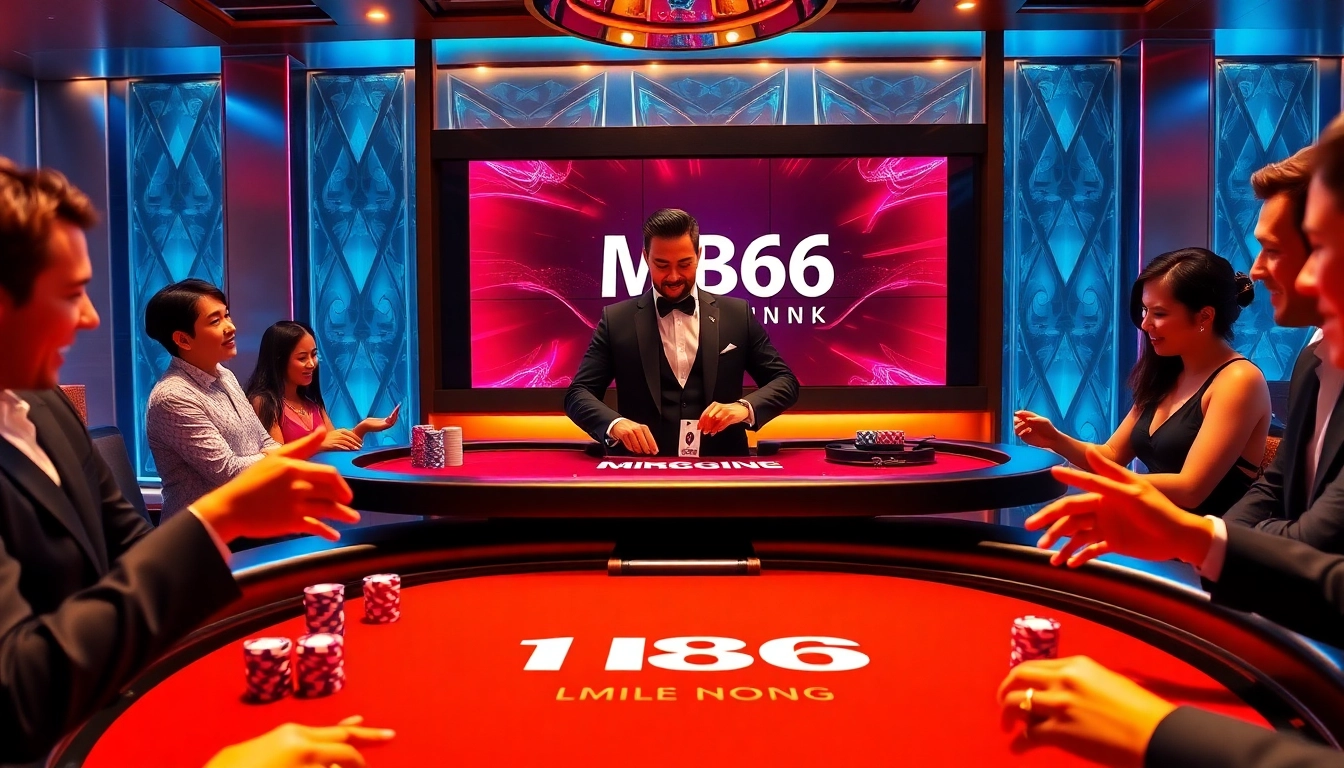 Engaging scene of players at a casino table exploring the MB66 link mới for online gambling.