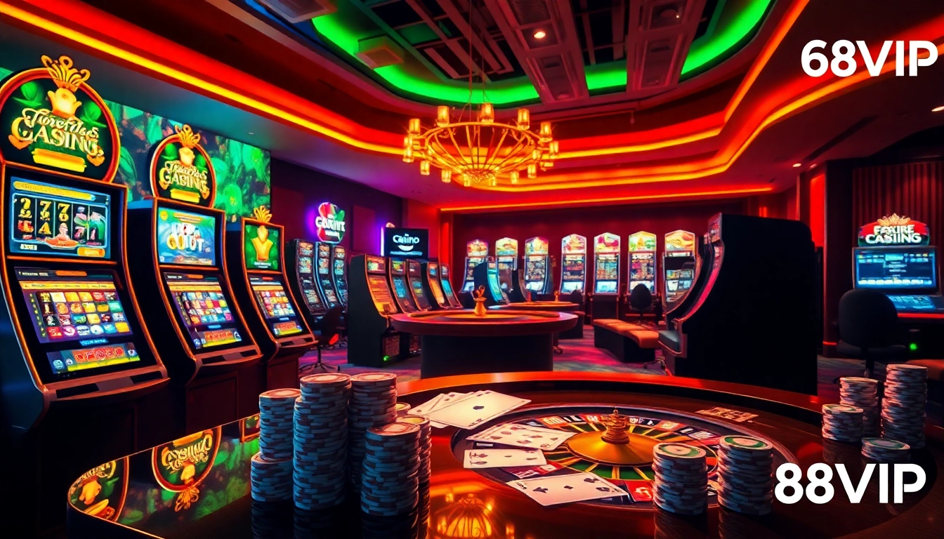 Players enjoying online casino games at 68VIP, featuring poker chips and vibrant slot machines.