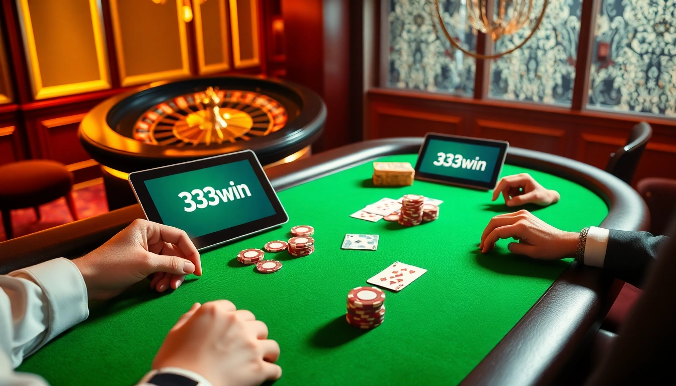 Experience the excitement of nhà cái 33win with a vibrant casino scene featuring poker players, chips, and roulette.