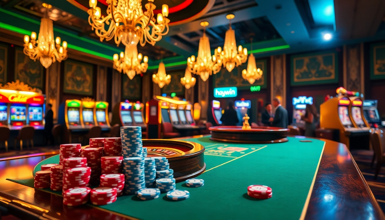 Haywin casino scene showcasing luxurious gaming tables and vibrant slot machines, evoking excitement.