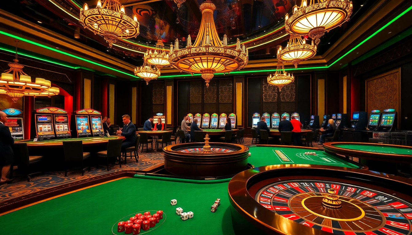 Experience the excitement of gambling at https://emmacleans.co.com/ with a luxurious casino scene featuring roulette and poker tables.