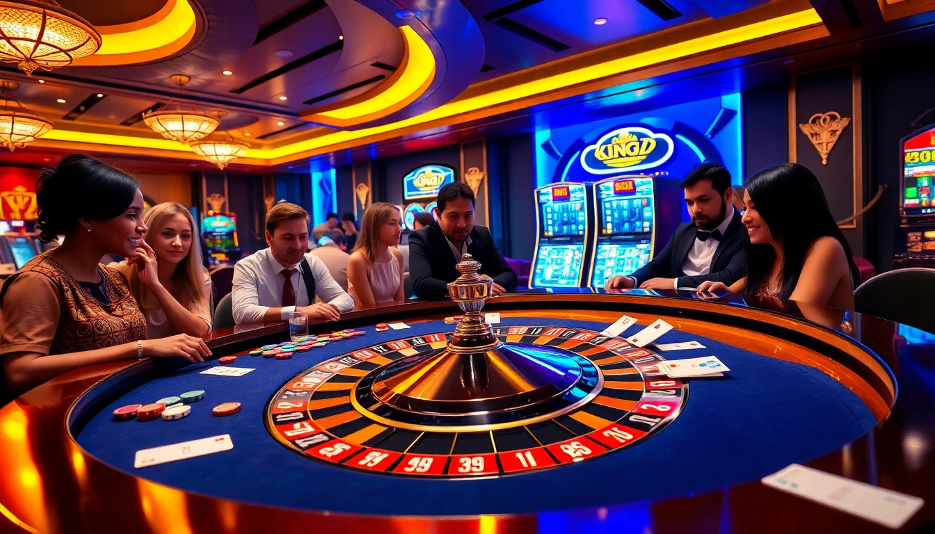 King88 casino gamers engaging at a luxurious poker table filled with vibrant chips and cards.