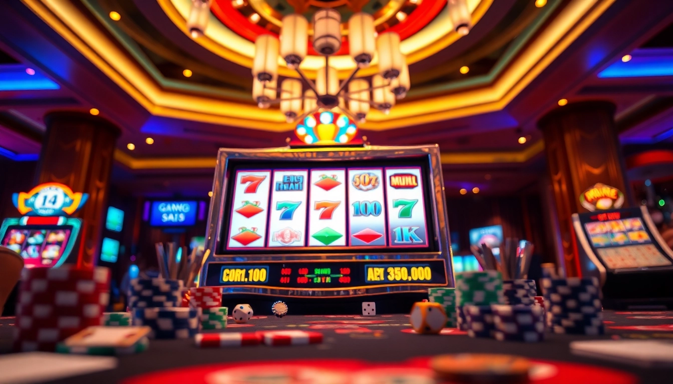 Rasakan sensasi game online dengan visual kasino digital yang vibrant menampilkan mesin slot dan elemen poker.