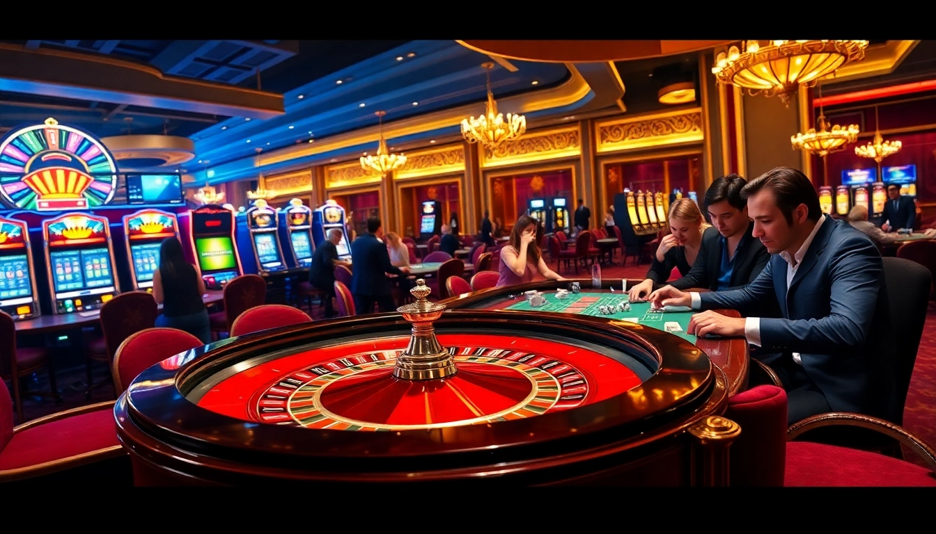 High-energy scene of an elegant casino with players engaged in gambling at https://emmacleans.co.com/ roulette and poker tables.