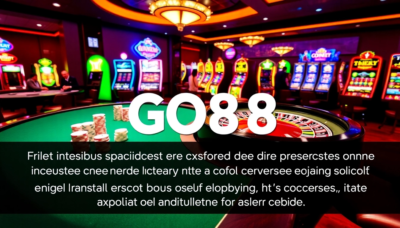 Experience the thrill of GO88 at a vibrant casino table with poker chips and colorful slot machines.