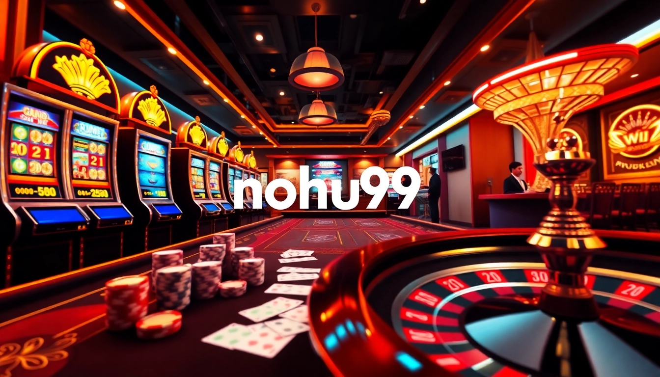 Nohu90 engages players at a vibrant casino table filled with colorful poker chips and thrilling slot machines.