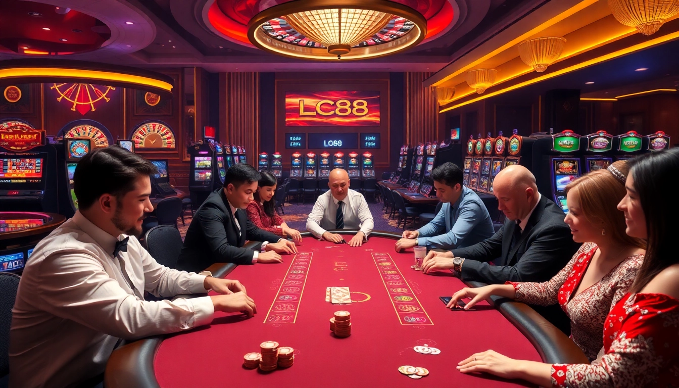 Players strategizing at an LC88 poker table, surrounded by vibrant casino elements.