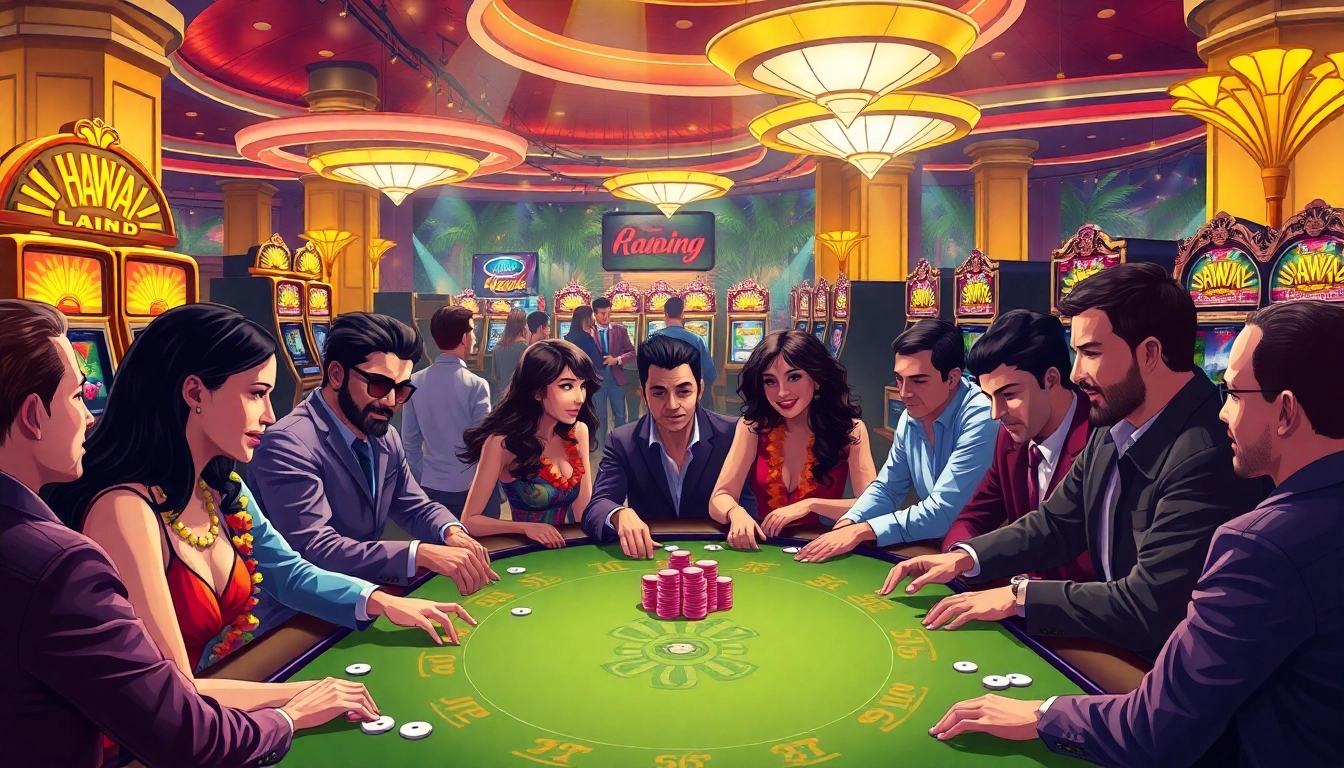 Para pemain menikmati poker taruhan tinggi di kasino Haw99 dengan chip berwarna cerah dan mesin slot.