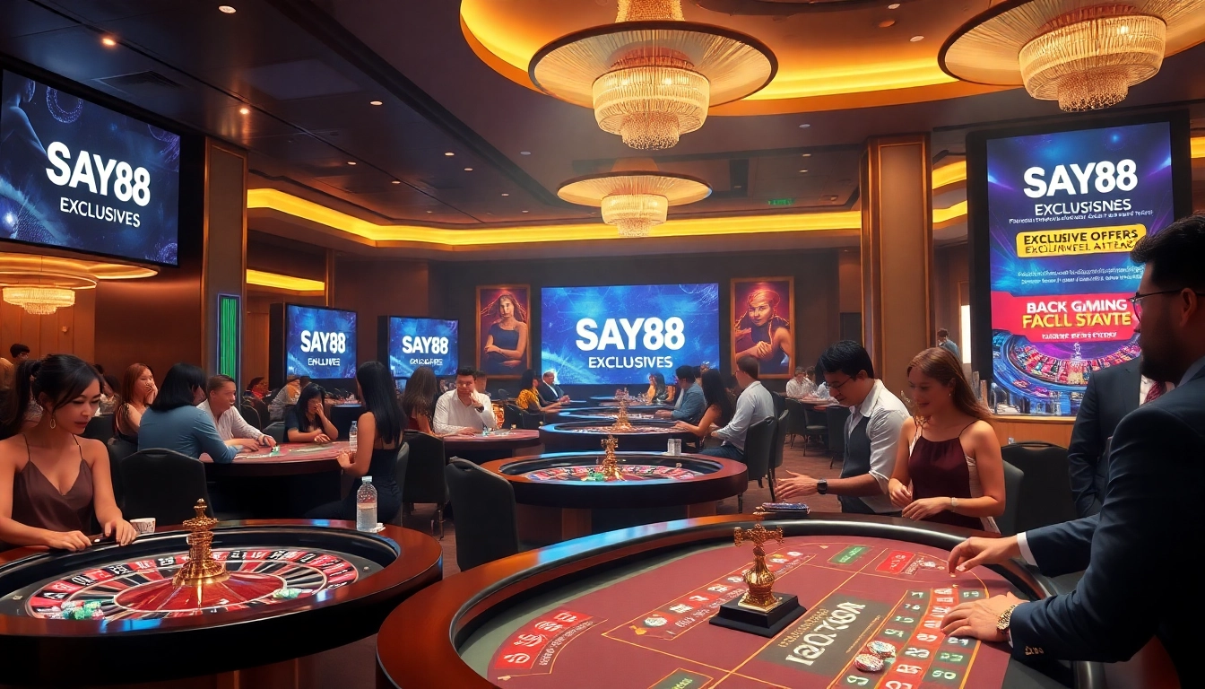 SAY88 casino players enjoy an exciting game atmosphere with vibrant tables and poker chips.