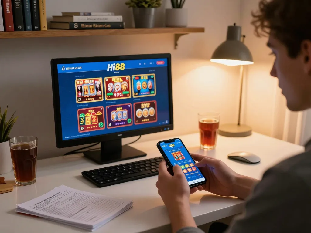 Player enjoying hi88 casino app on smartphone in a cozy home office.