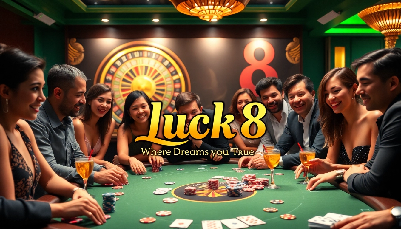 Exciting poker game at Luck 8 casino with vibrant colors and engaged players.