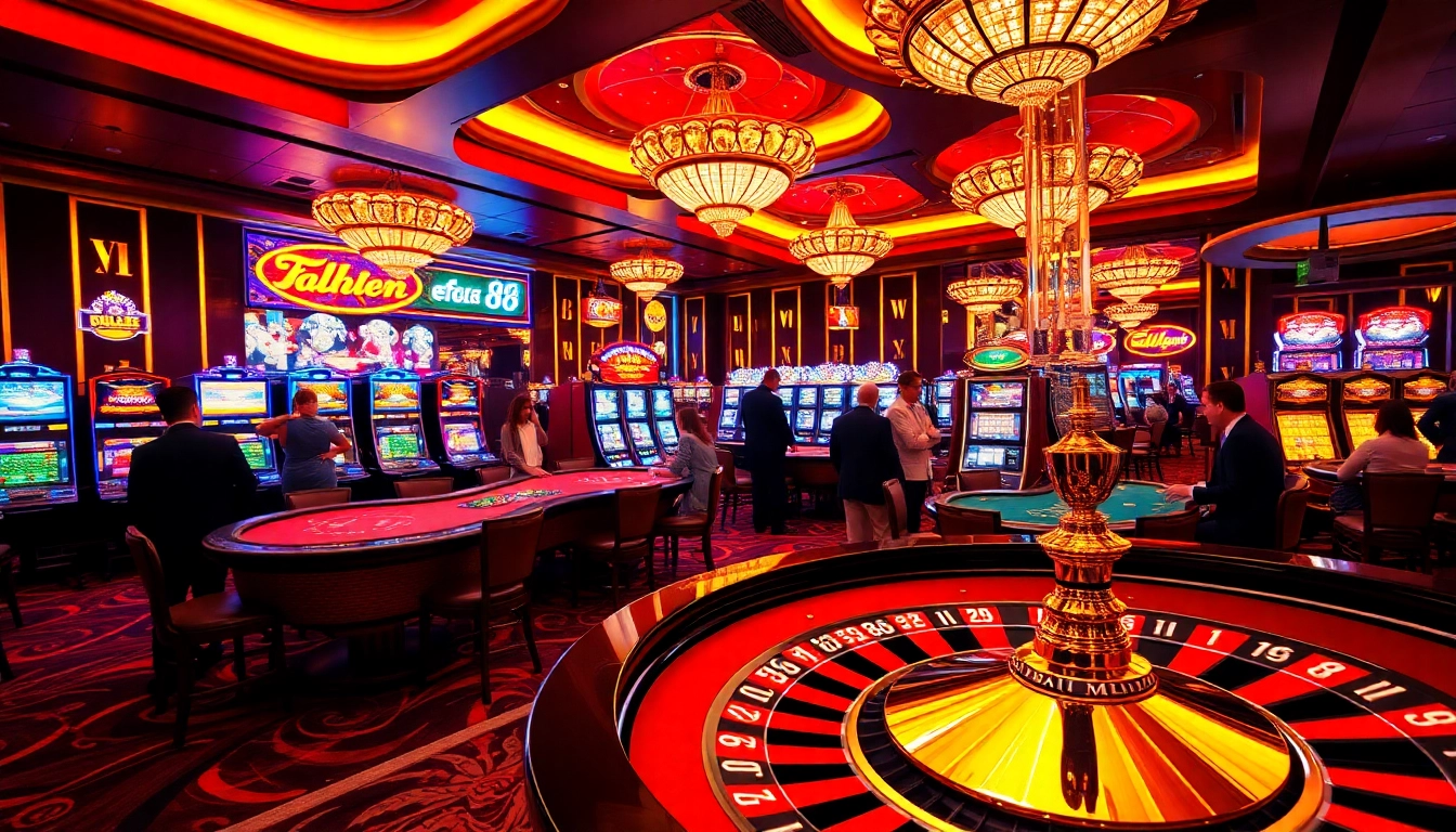 Players enjoying exciting casino games at ee 88, featuring vibrant slot machines and poker tables.