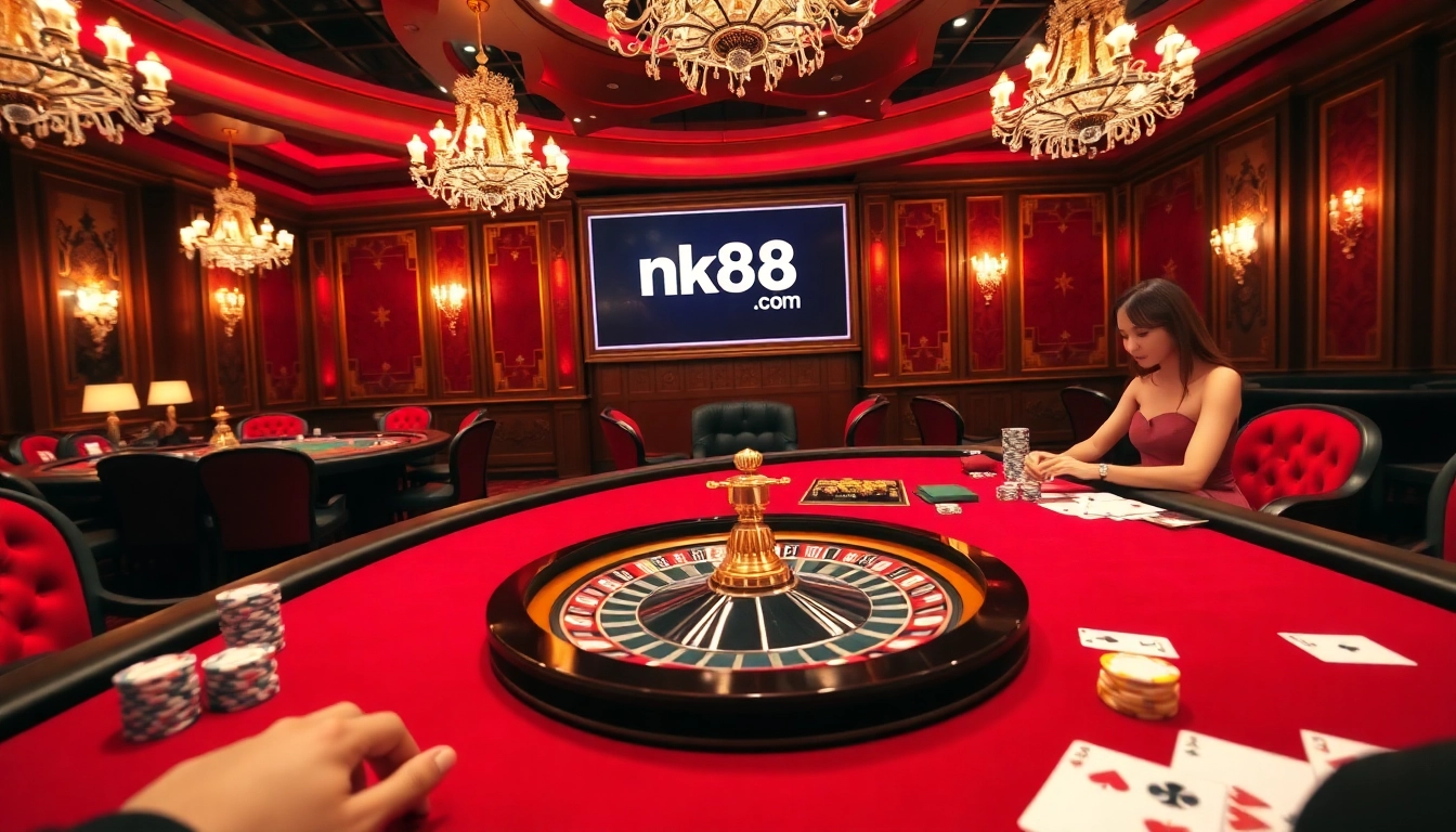 Players engaged at an elegant casino table featuring nk88.com gaming elements in a vibrant atmosphere.