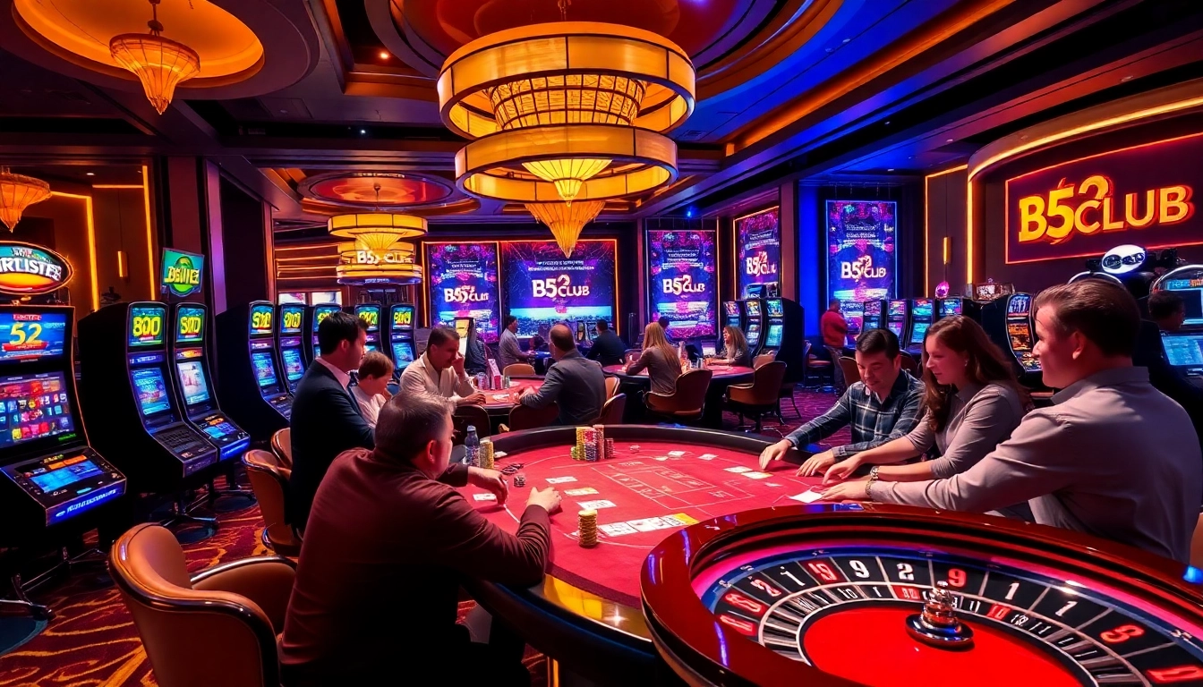 B52 CLUB players enjoying intense card games and slot machines in a vibrant casino atmosphere.